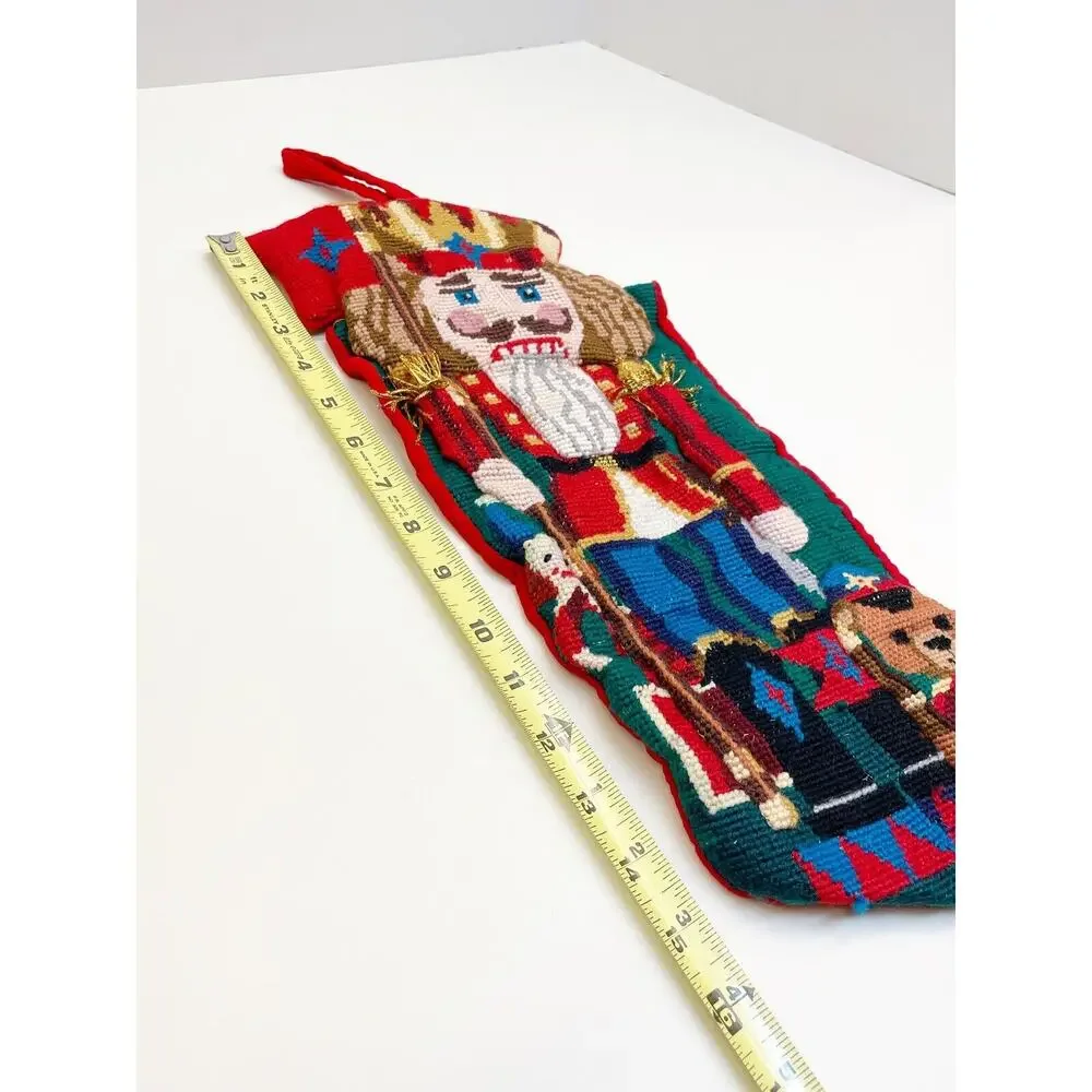 Vintage Needlepoint Wool Christmas Stocking Nutcracker Teddy Bear 3D